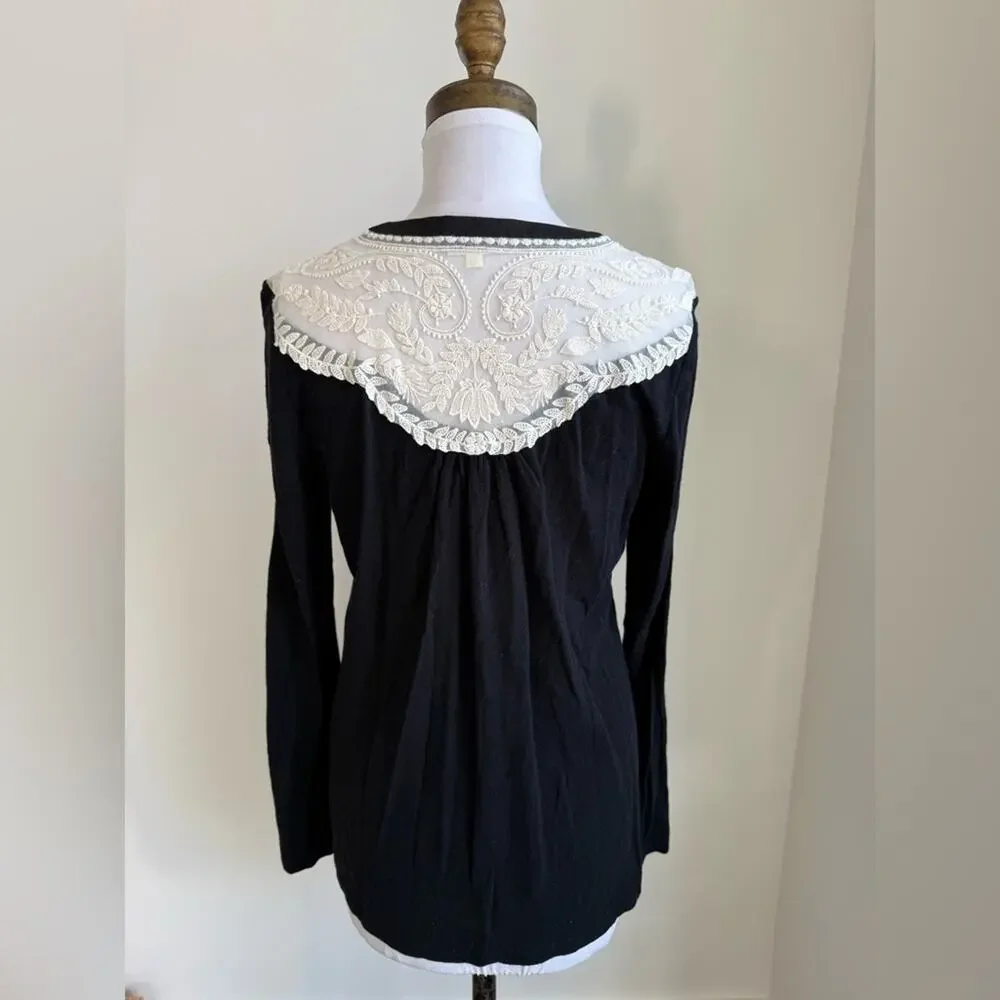 ANTHROPOLOGIE MEADOW RUE BLACK AND WHITE LACE LONG SLEEVE TOP SMALL